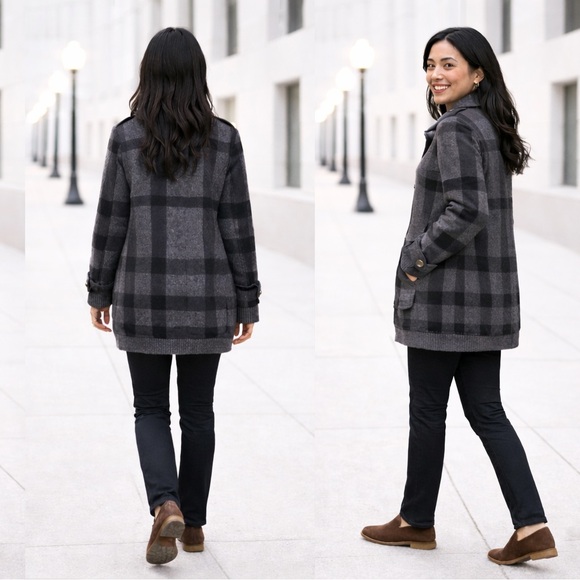 Burberry Brit Double Breasted Thick Wool Sweater Coat Gray Plaid Small Like New - Picture 3 of 12
